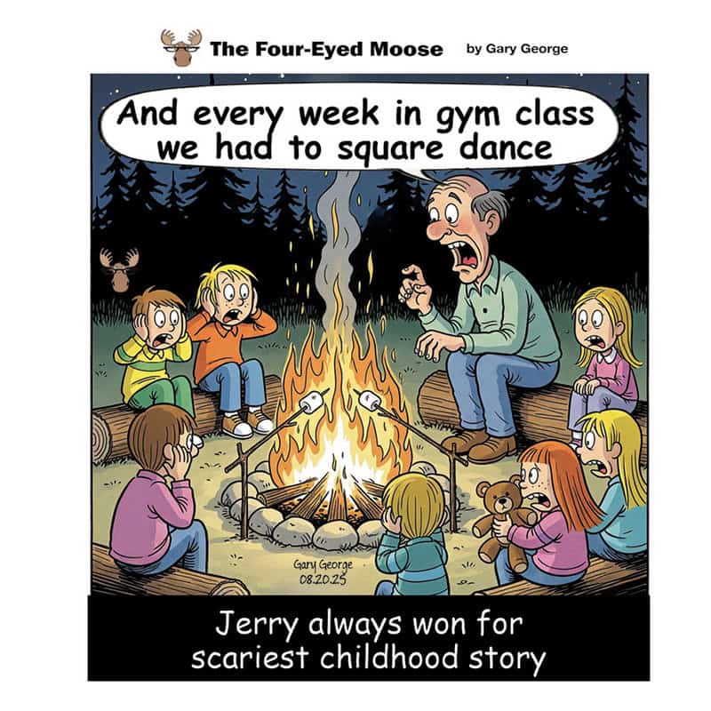 Children and an adult around a campfire, roasting marshmallows, with a speech bubble about gym class.