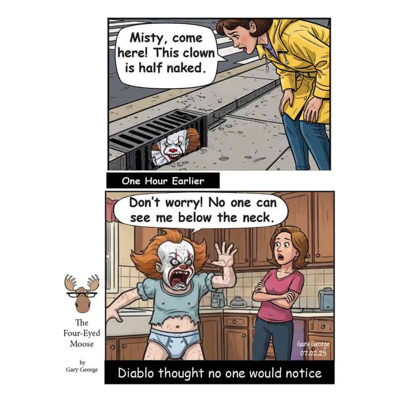 Comic strip from 'The Four-Eyed Moose' showing a clown under a drain and a woman yelling at it.