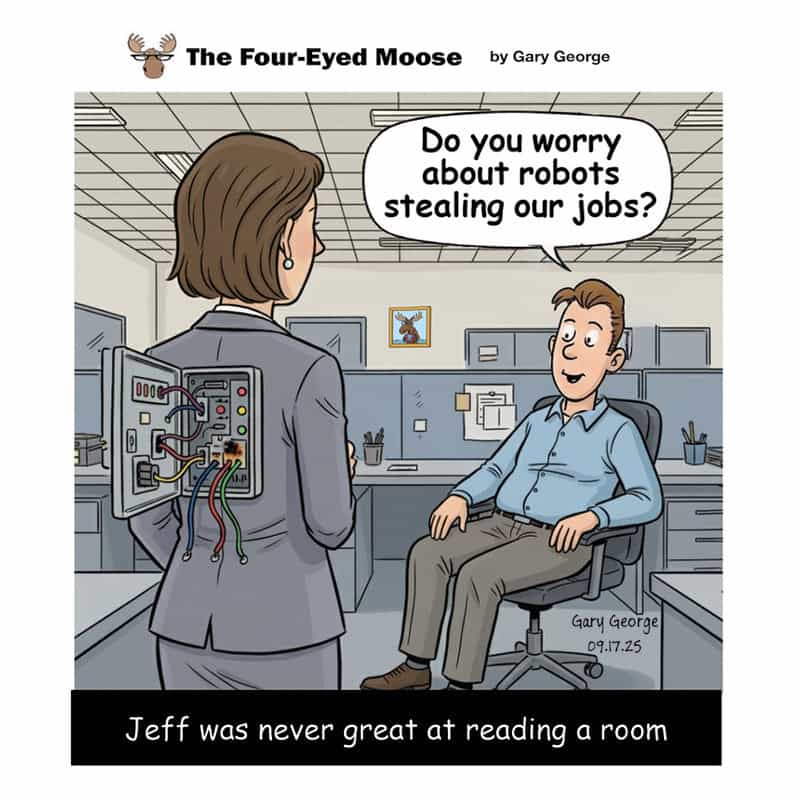 Woman with robot parts on her back asks man if he's worried about robots stealing jobs.