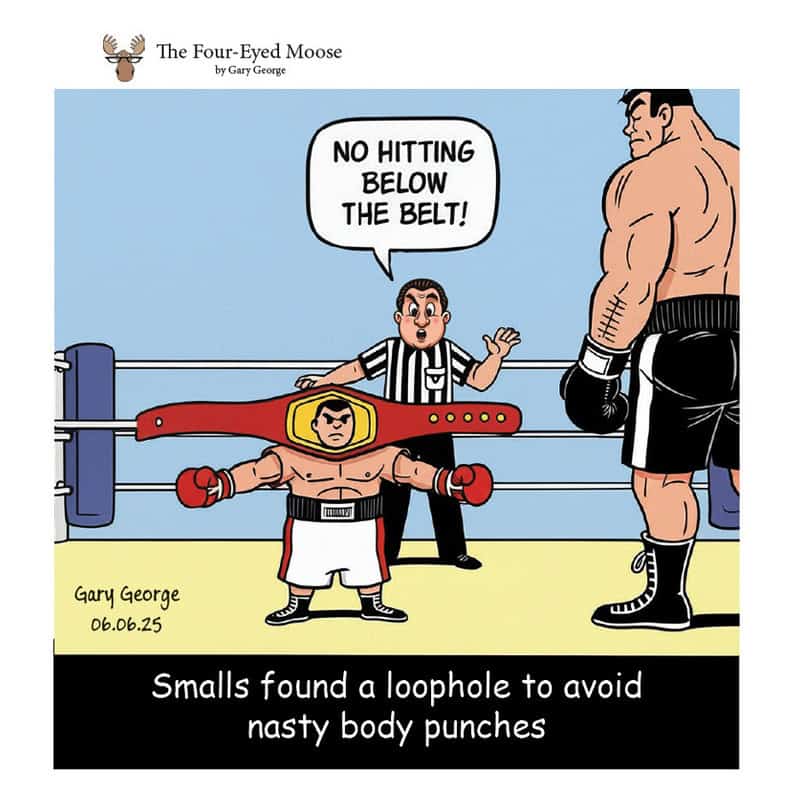 Boxer with a belt around his neck in a boxing ring, referee says 'No hitting below the belt!','large.