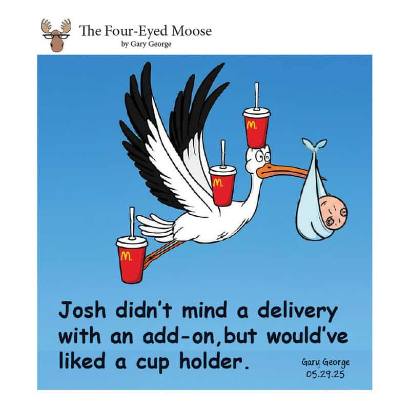 Cartoon stork with McDonald's cups and a bag, delivering a baby.