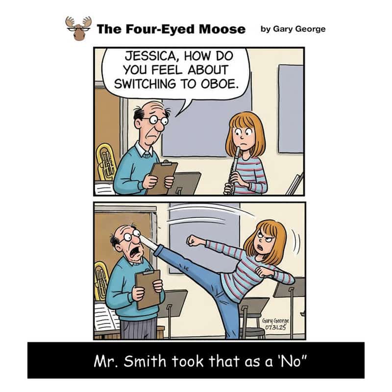 Comic strip from 'The Four-Eyed Moose' showing a girl kicking a man after asking about switching to.