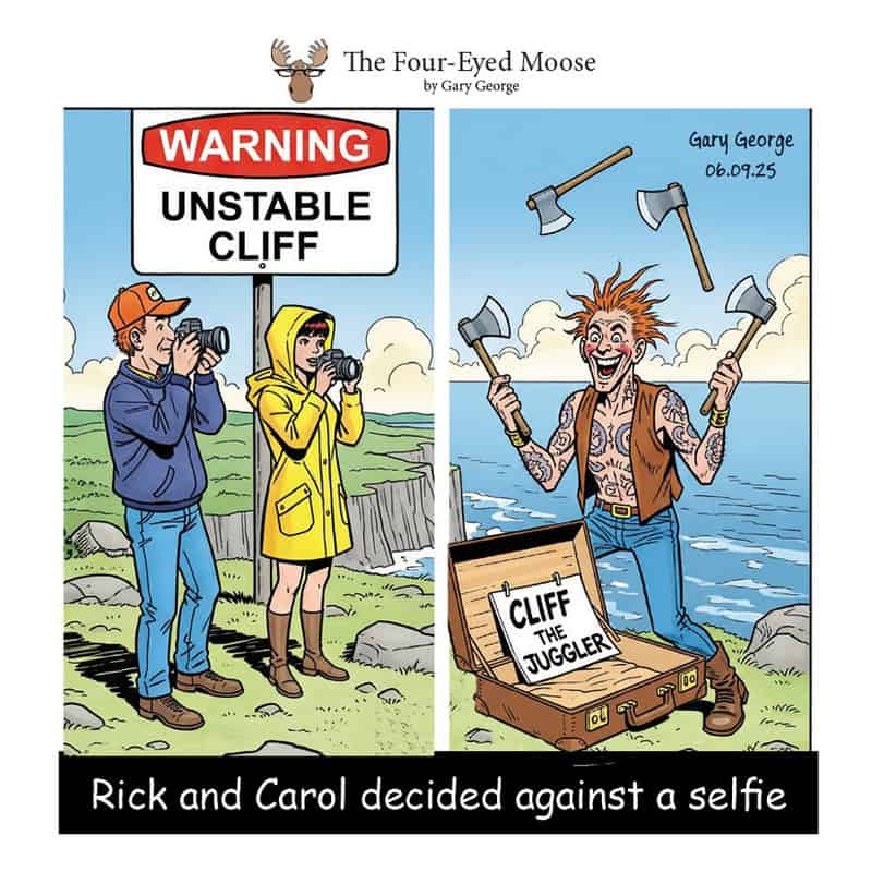 Warning sign says 'Unstable Cliff' with two people taking selfies near the edge.