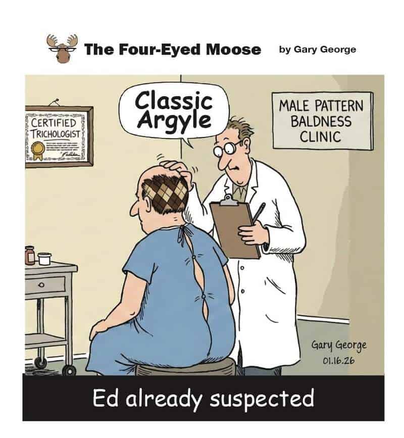 Cartoon of a man with male pattern baldness at a clinic, saying 'Classic Argyle' to a doctor.