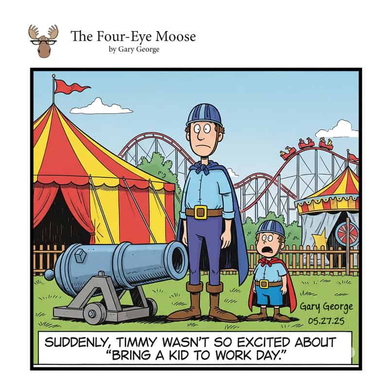 Two boys dressed as superheroes at a carnival with a roller coaster in the background.