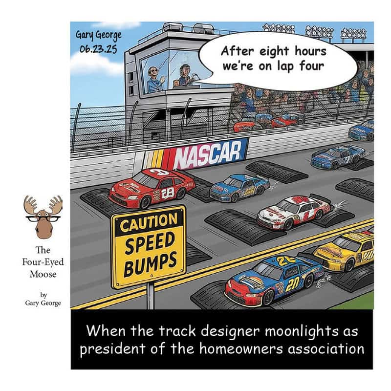 Race cars on track with a sign saying 'Caution Speed Bumps' and a speech bubble about lap four.