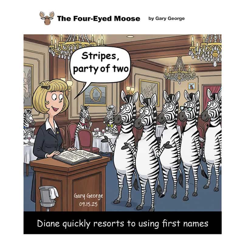 Four zebras and a woman in a fancy room with chandeliers, woman says 'Stripes, party of two'.