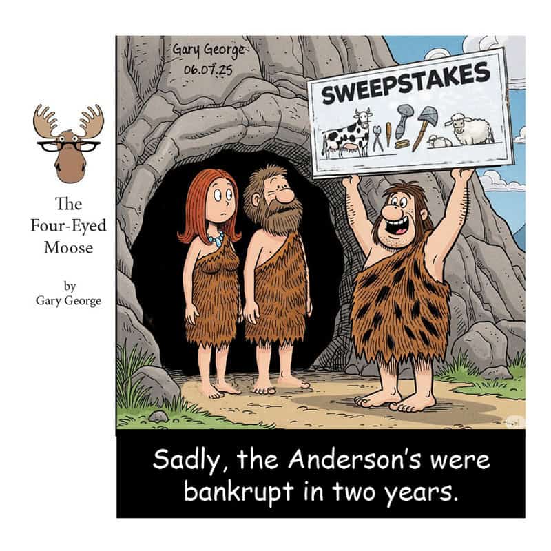 Cartoon of cavemen with a 'Sweepstakes' sign, one holding it up, in front of a cave.