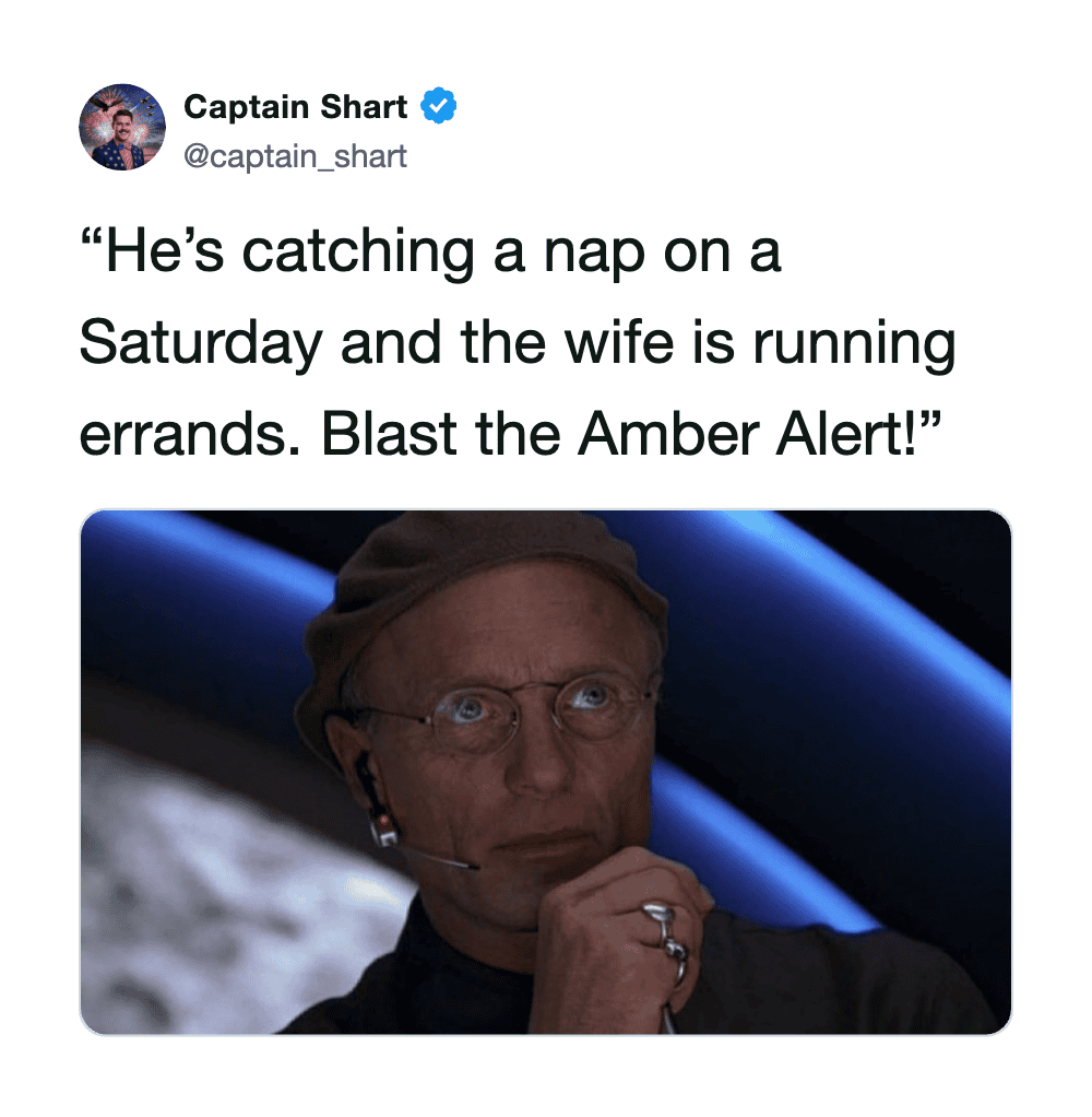 Captain Shart tweet about husband napping and wife running errands with a Star Wars character image.