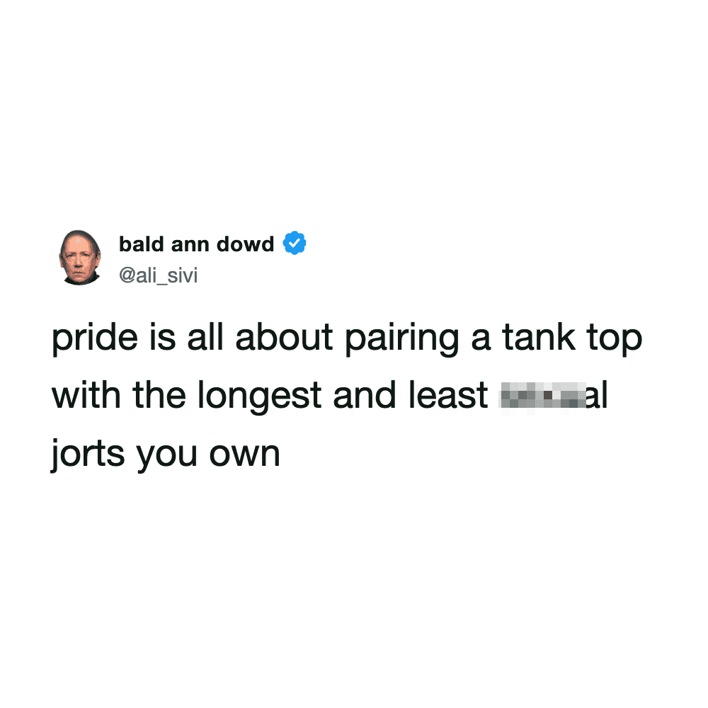 Twitter post by bald ann dowd about pairing tank tops with jorts.