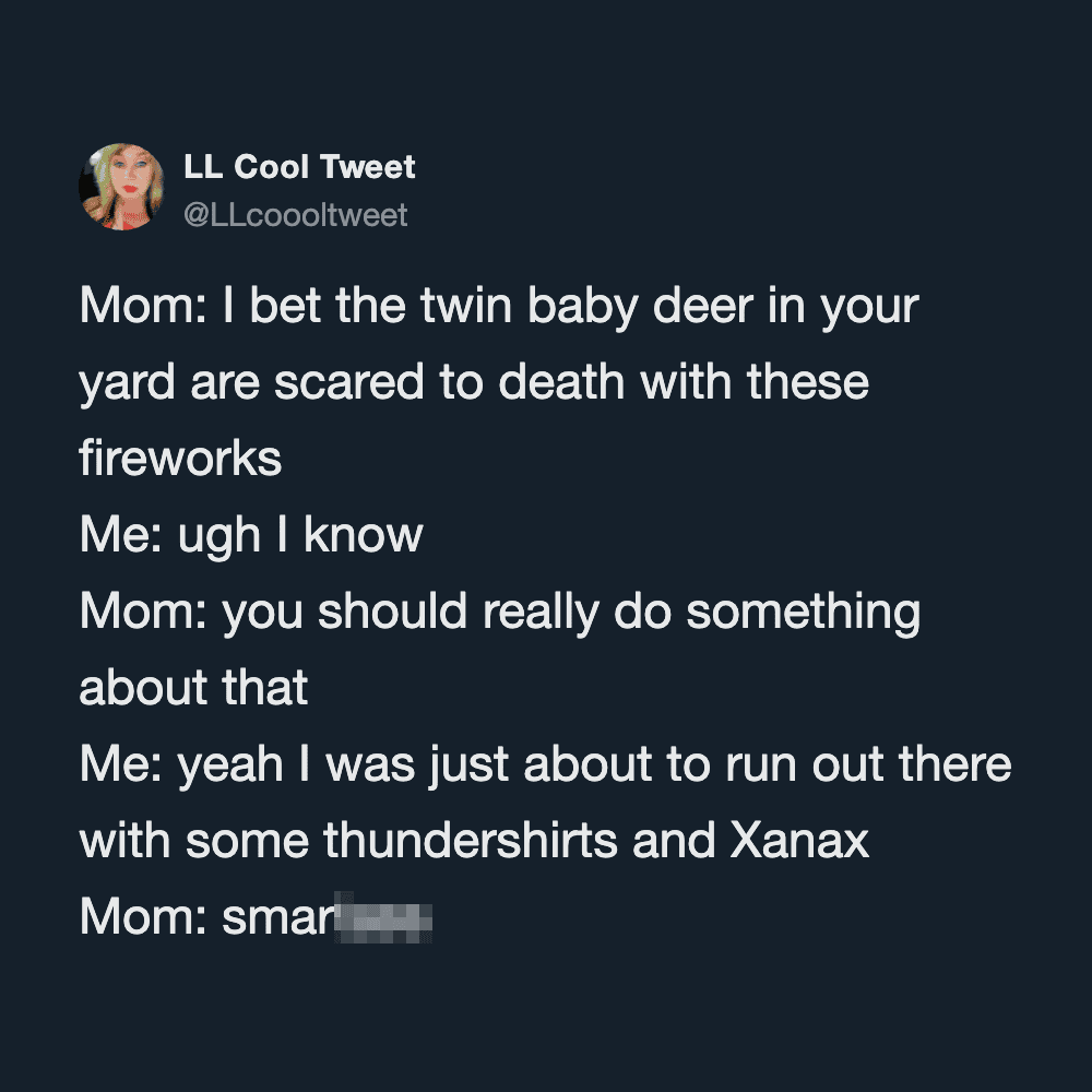 I bet the twin baby deer in your yard are scared to death with these fireworks. Me: ugh I know.