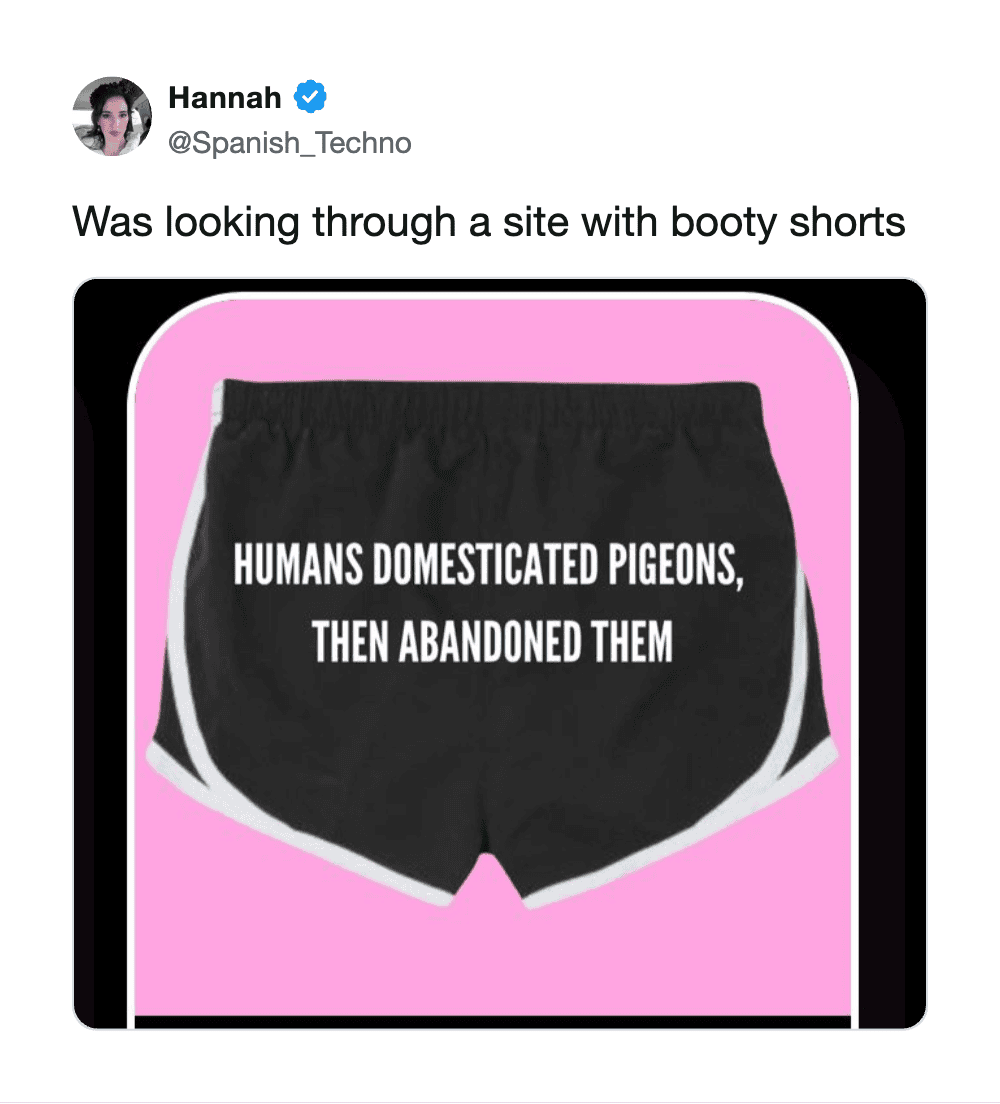 Humans domesticated pigeons, then abandoned them - meme on booty shorts.