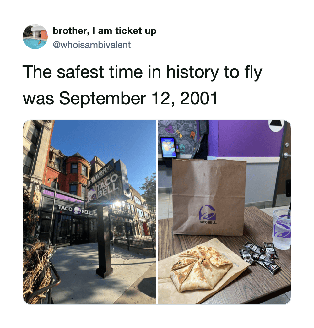 Side-by-side photos of Taco Bell, one outside and one inside with food and drink.