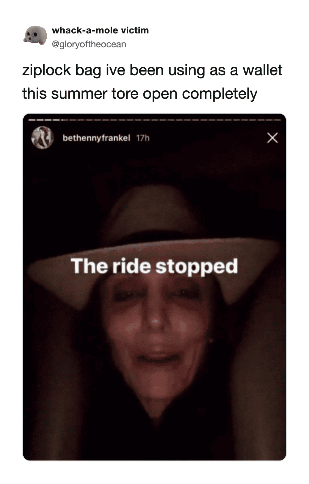 Woman crying with text 'The ride stopped' over her face.
