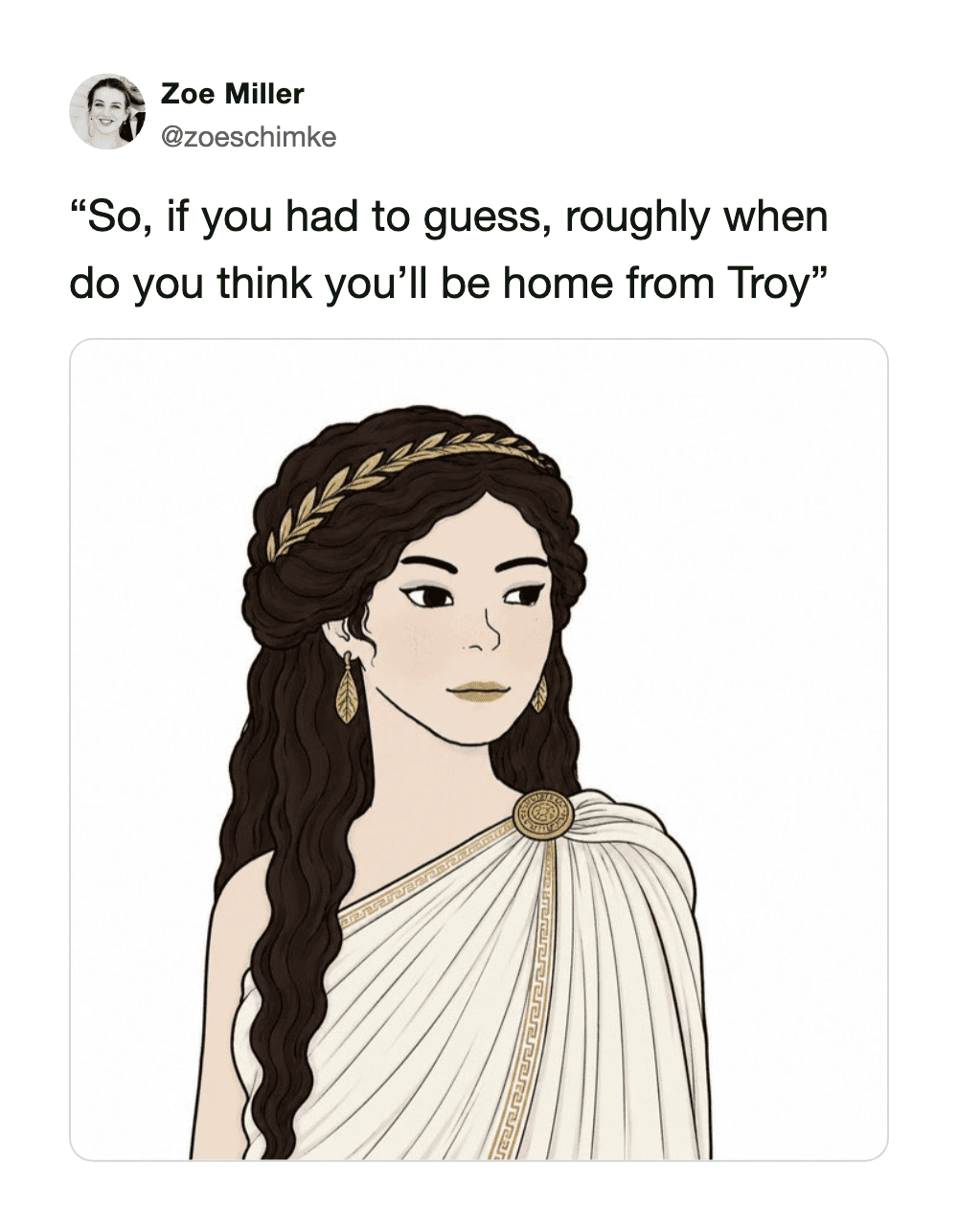 Illustration of a woman with long wavy hair, wearing a white toga and gold accessories.