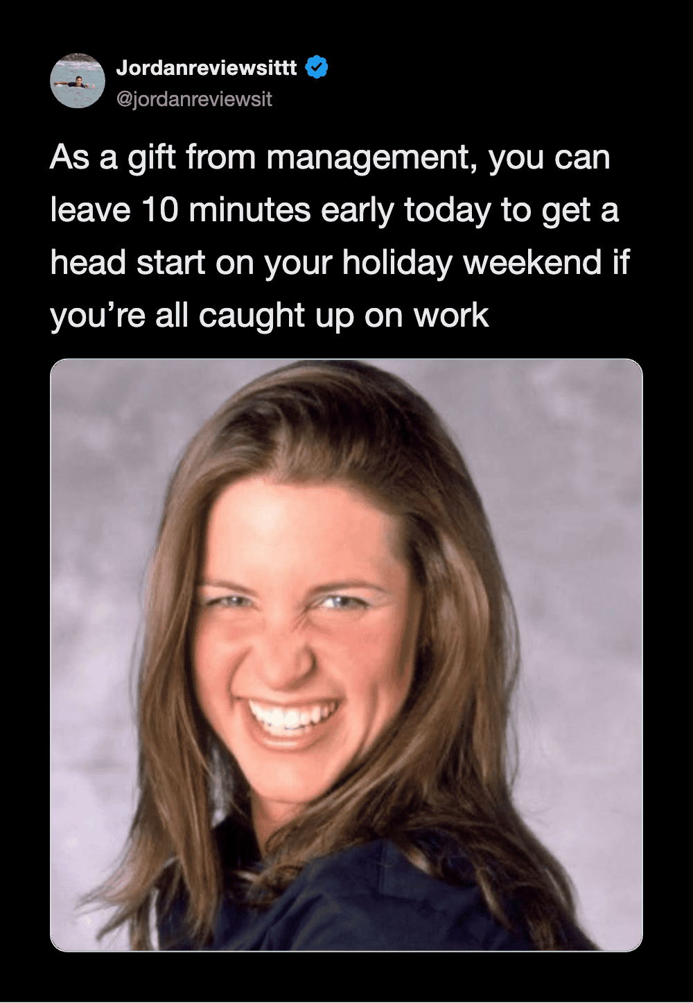 A woman smiling with a humorous tweet about leaving work early for the holiday.