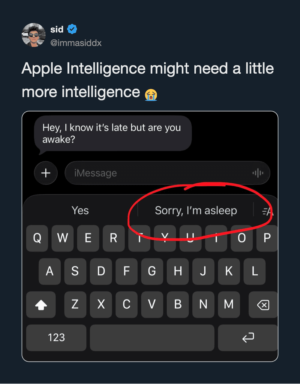 Screenshot of a text conversation with a joke about Apple needing more intelligence.