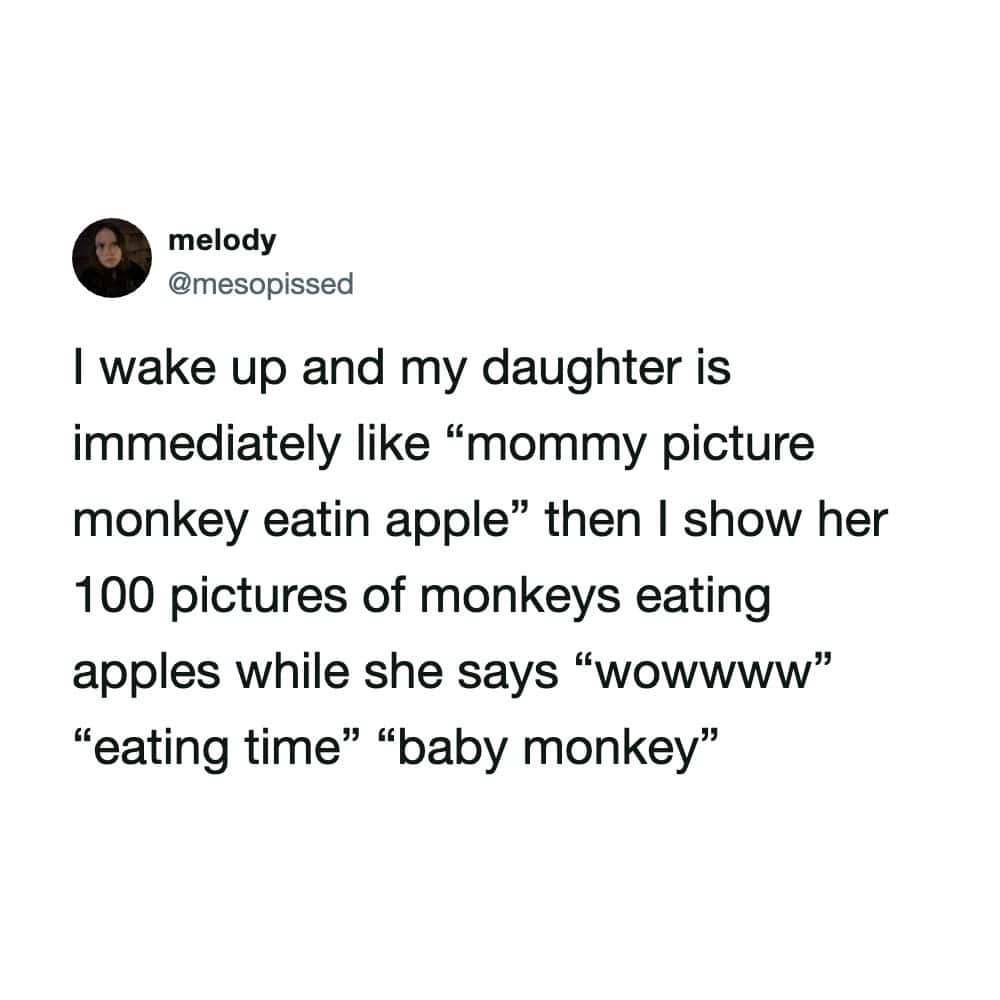 A tweet about a daughter calling a picture of a monkey eating an apple.