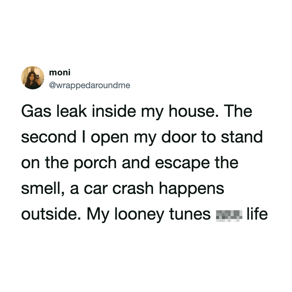 Twitter post about a gas leak, car crash, and loud music, from user @wrappedaroundme.