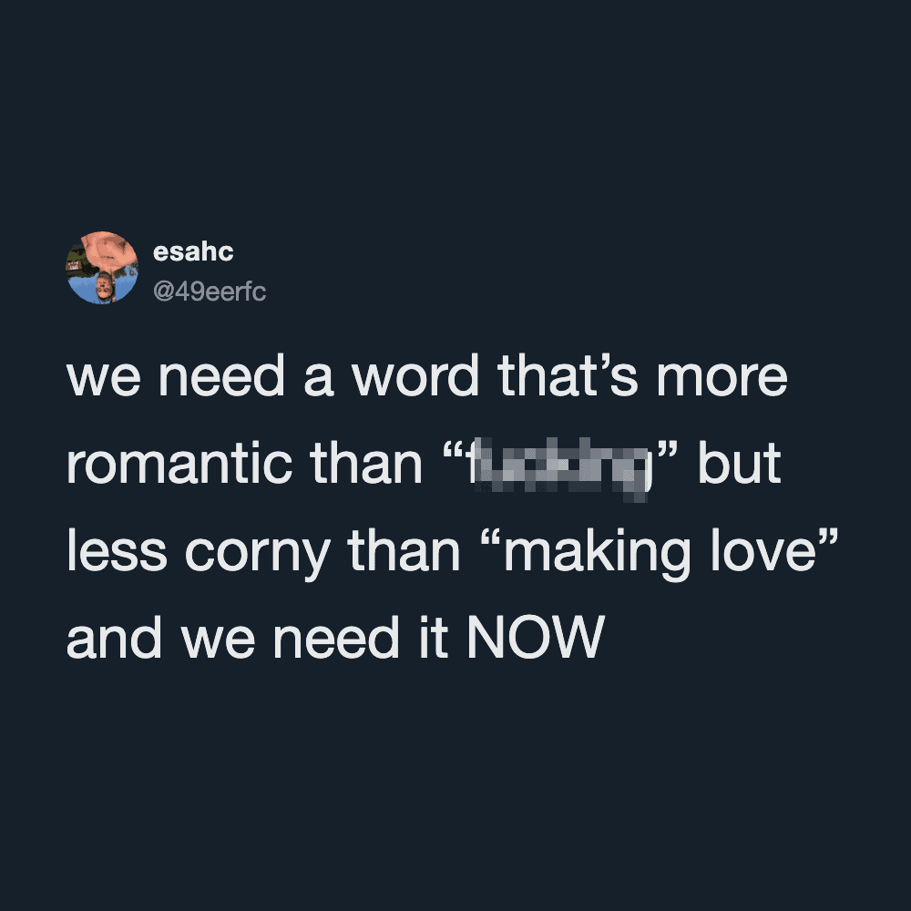 We need a word that's more romantic than [blurred] but less corny than 'making love' and we need it.