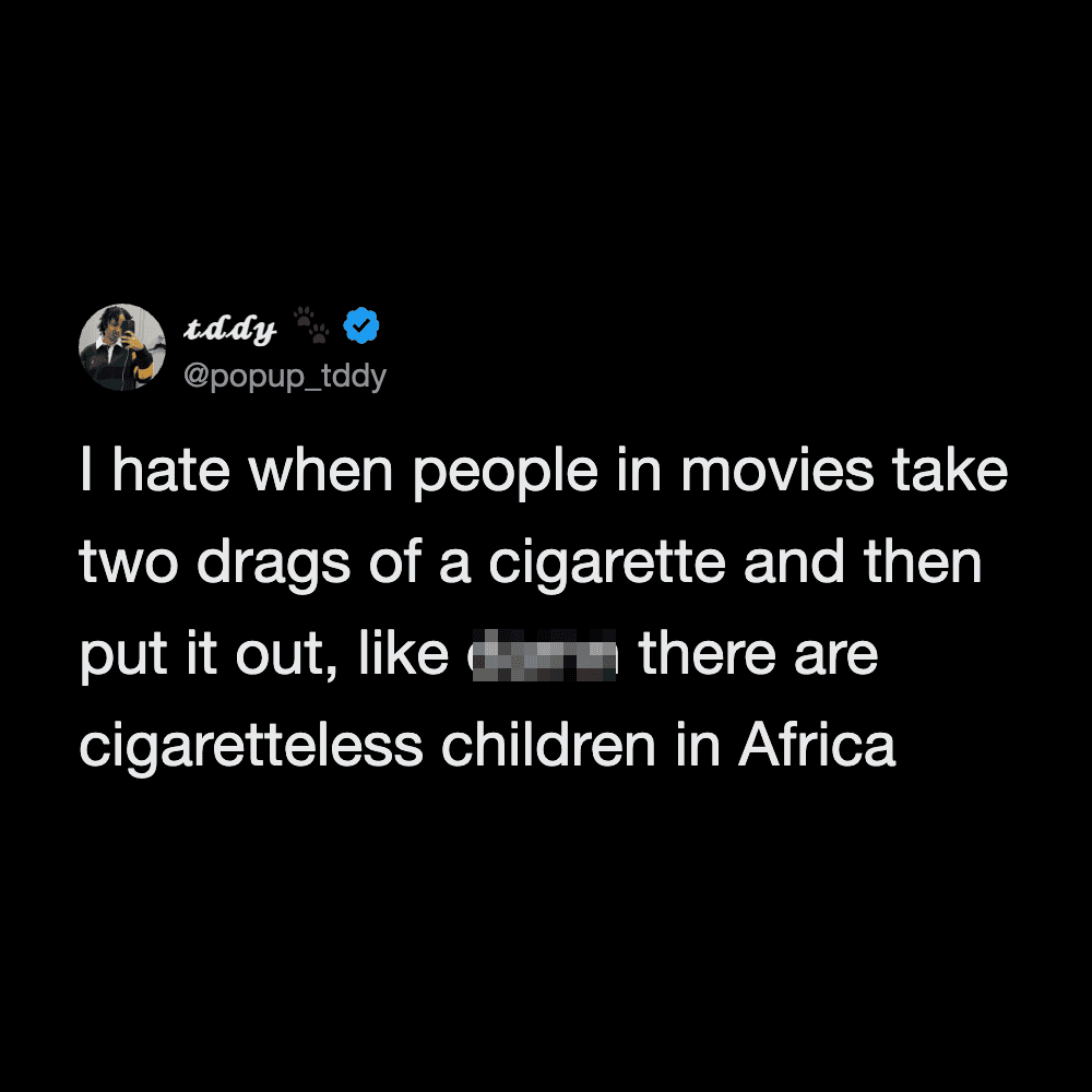 Twitter post by @popup_tddy about movie cigarette scenes.