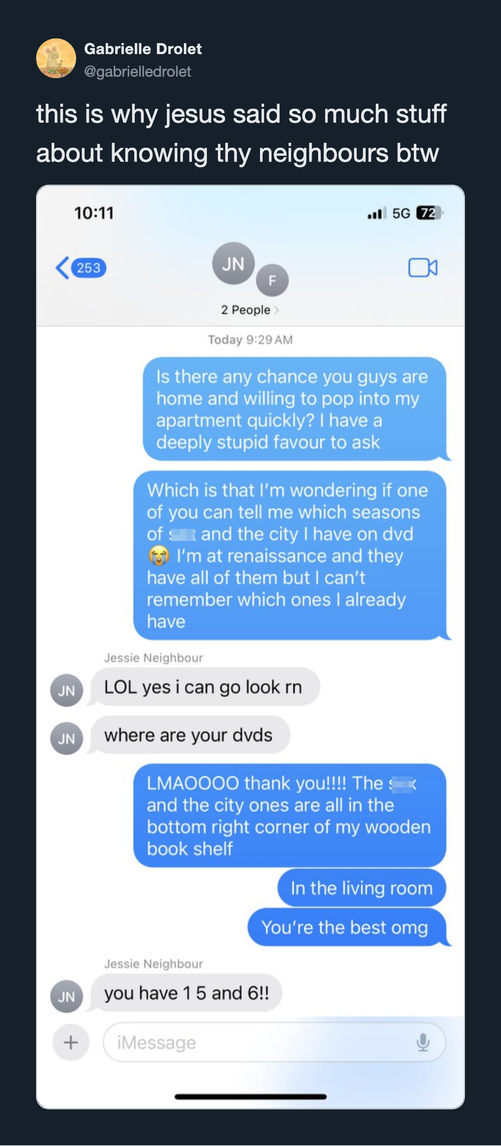 Text conversation about DVDs and a wooden book shelf.