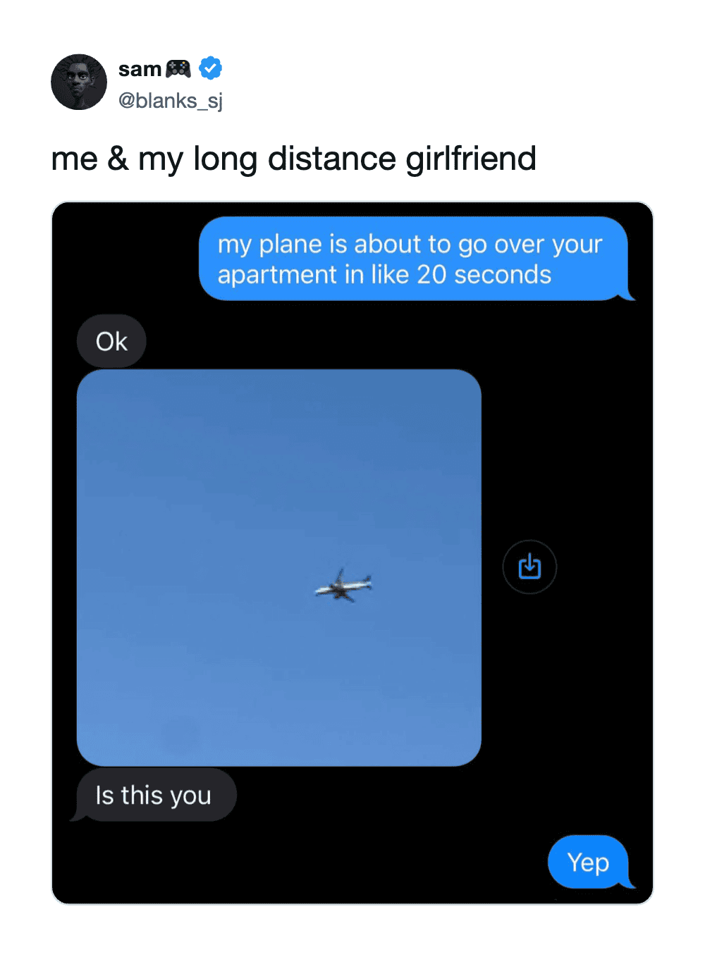 A humorous tweet about a long-distance relationship with a plane image.