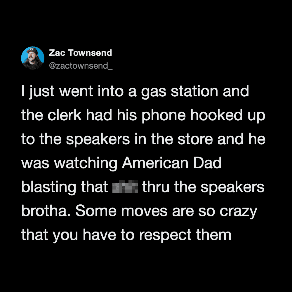 Twitter post by Zac Townsend about a funny gas station experience.
