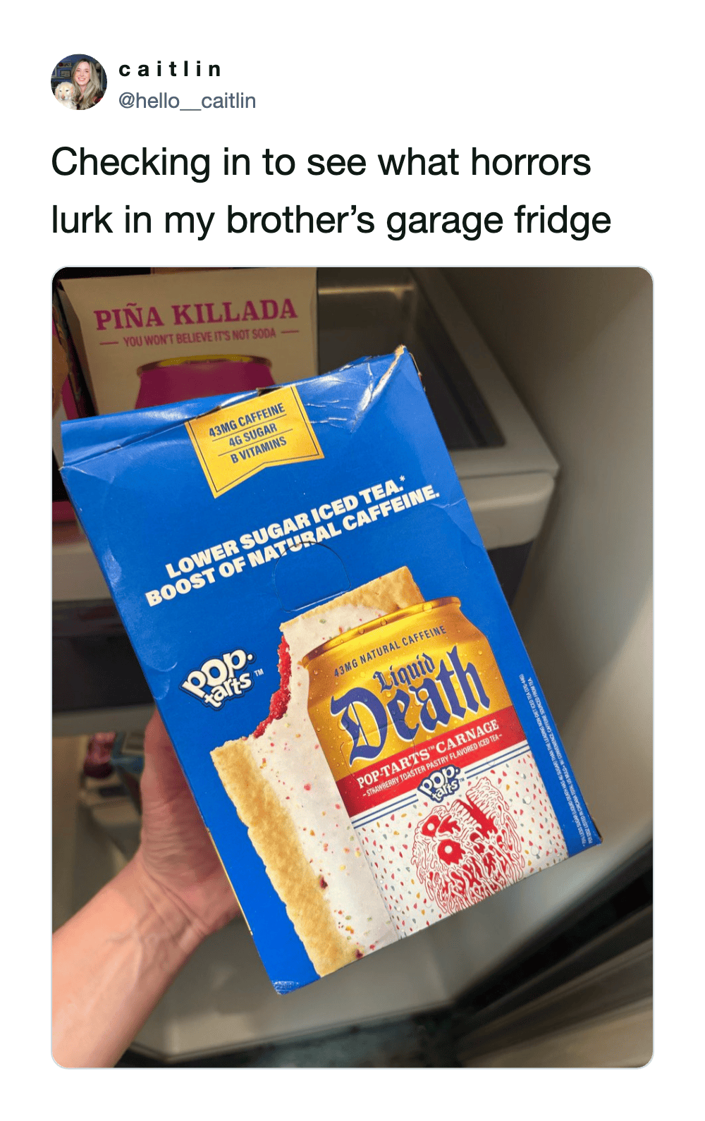 Box of Liquid Death sparkling water with a slice of cake on it, held in front of a fridge.