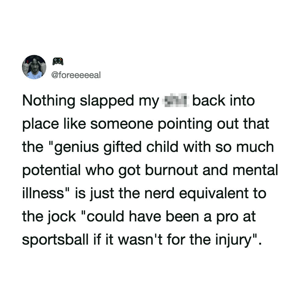 Twitter post about a gifted child and sports injury humor.