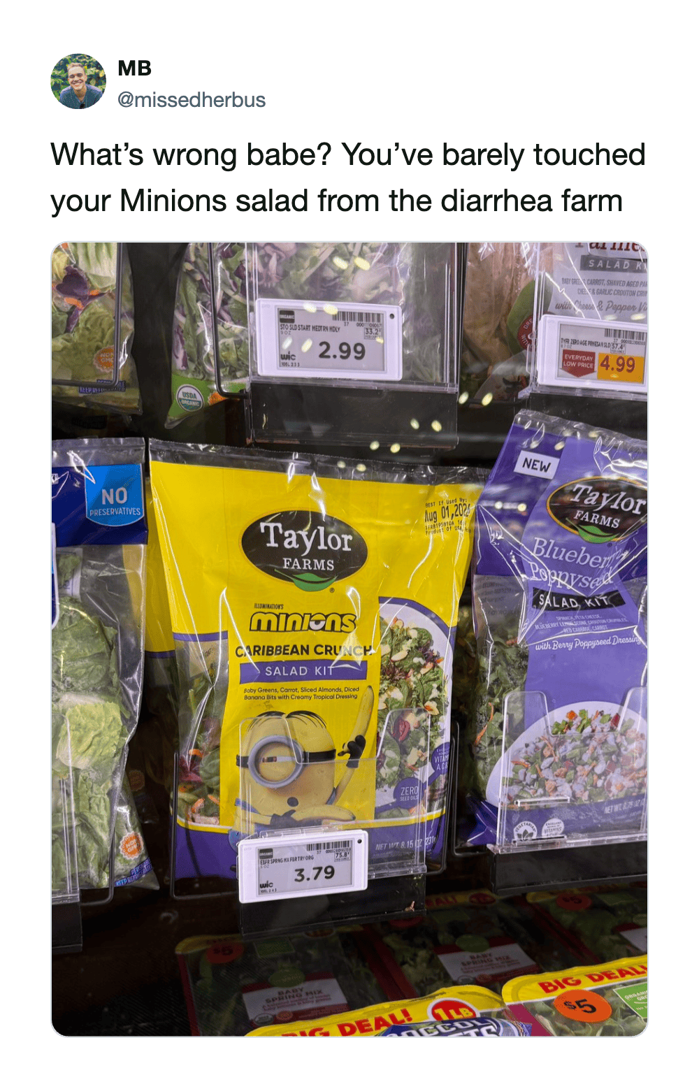 Minions salad from the diarrhea farm on a store shelf with price tags.