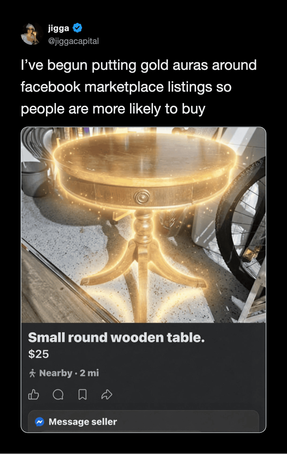 Small round wooden table with a gold aura around it, posted on Facebook marketplace.