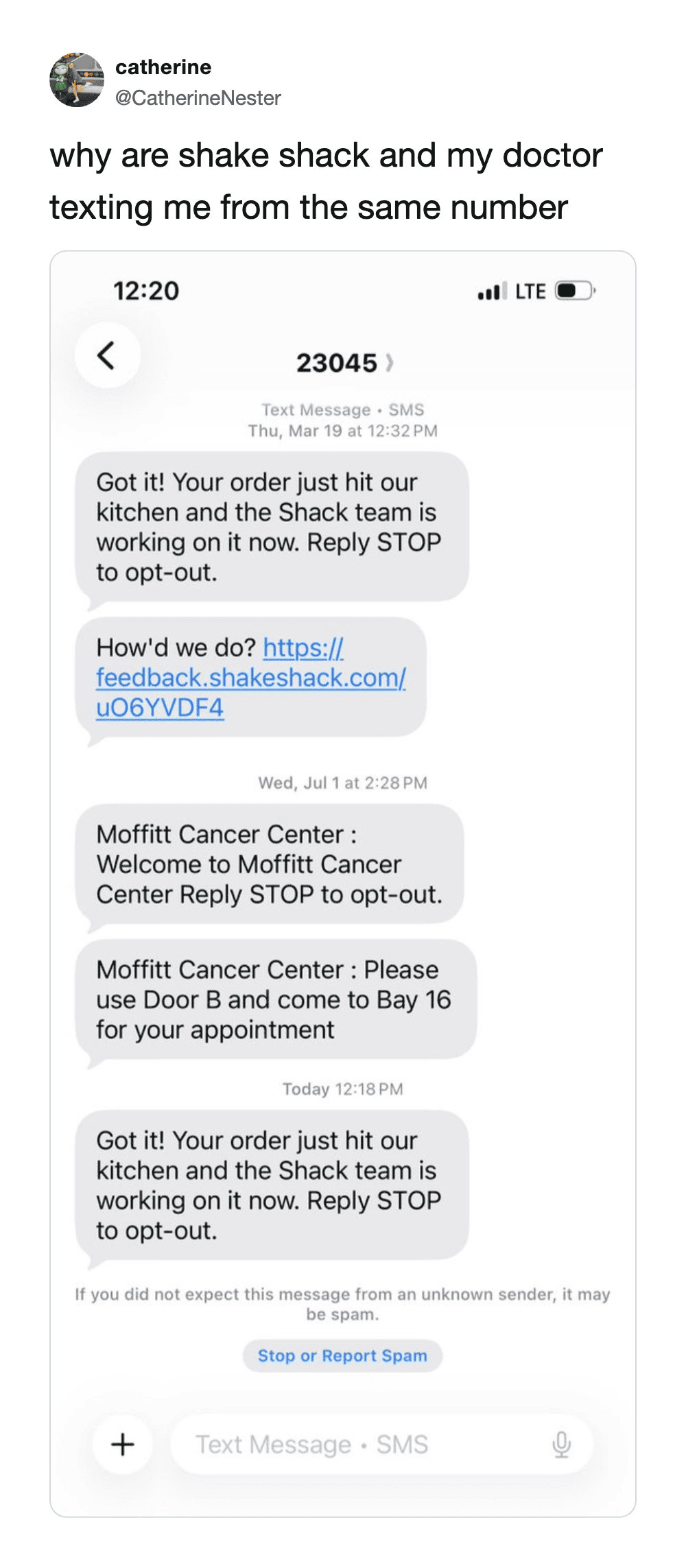 Text message conversation about a food order and a cancer center appointment.