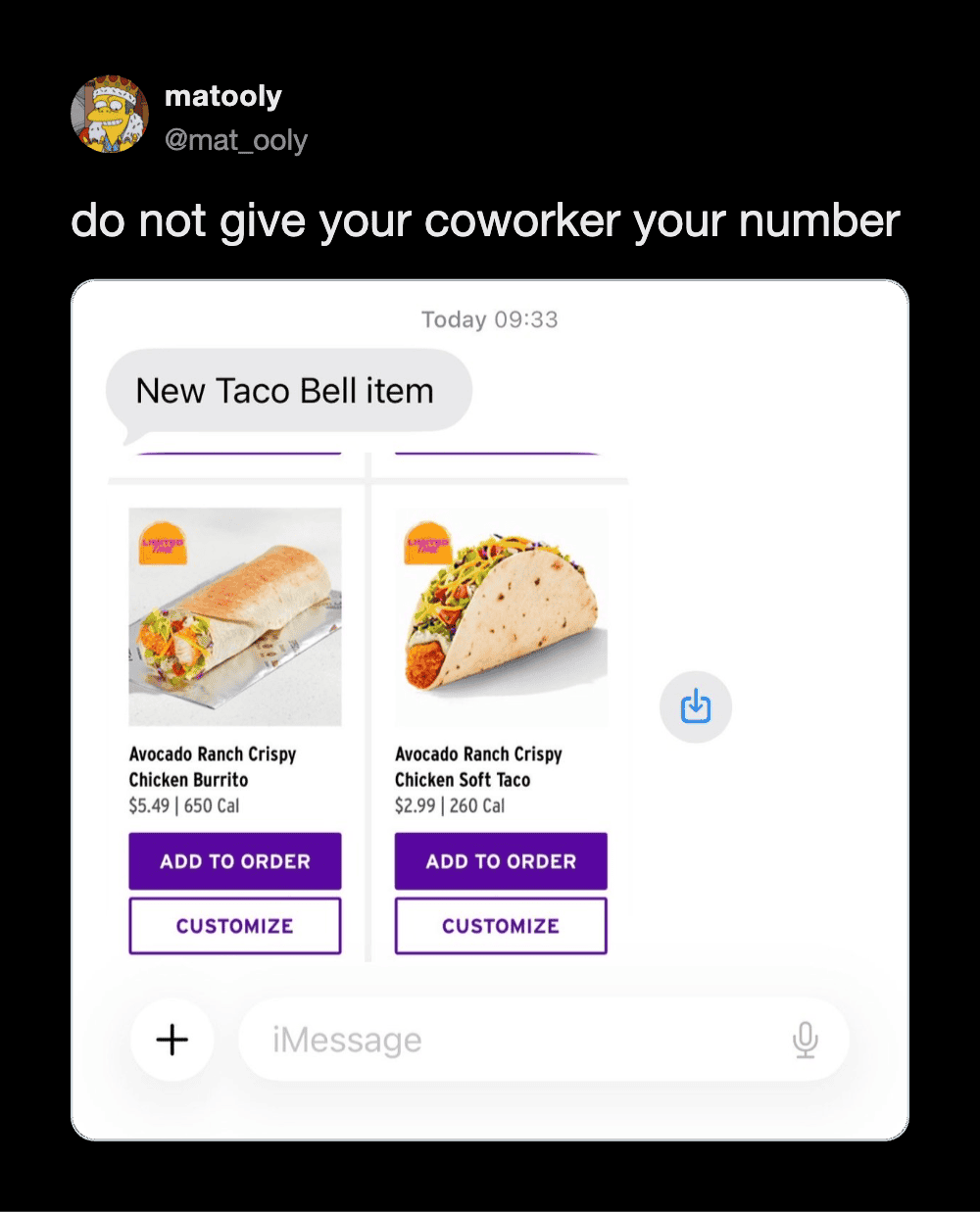 Screenshot of a message about new Taco Bell items with images of chicken burrito and taco.