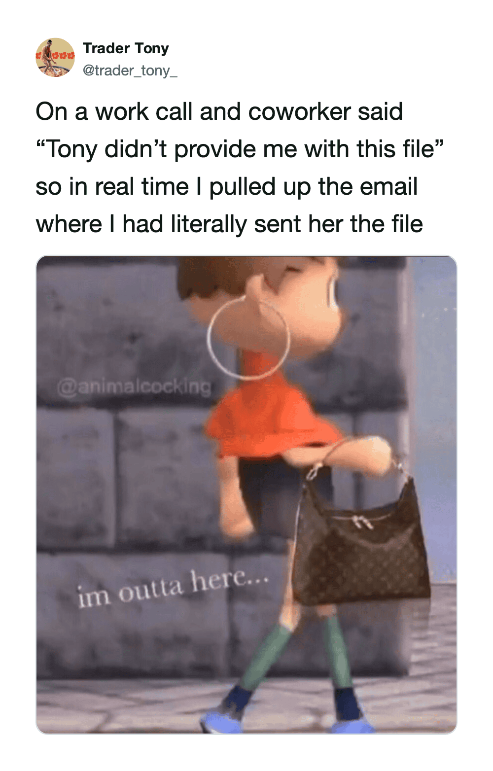 Cartoon woman walking with a bag, captioned 'im outta here...'.
