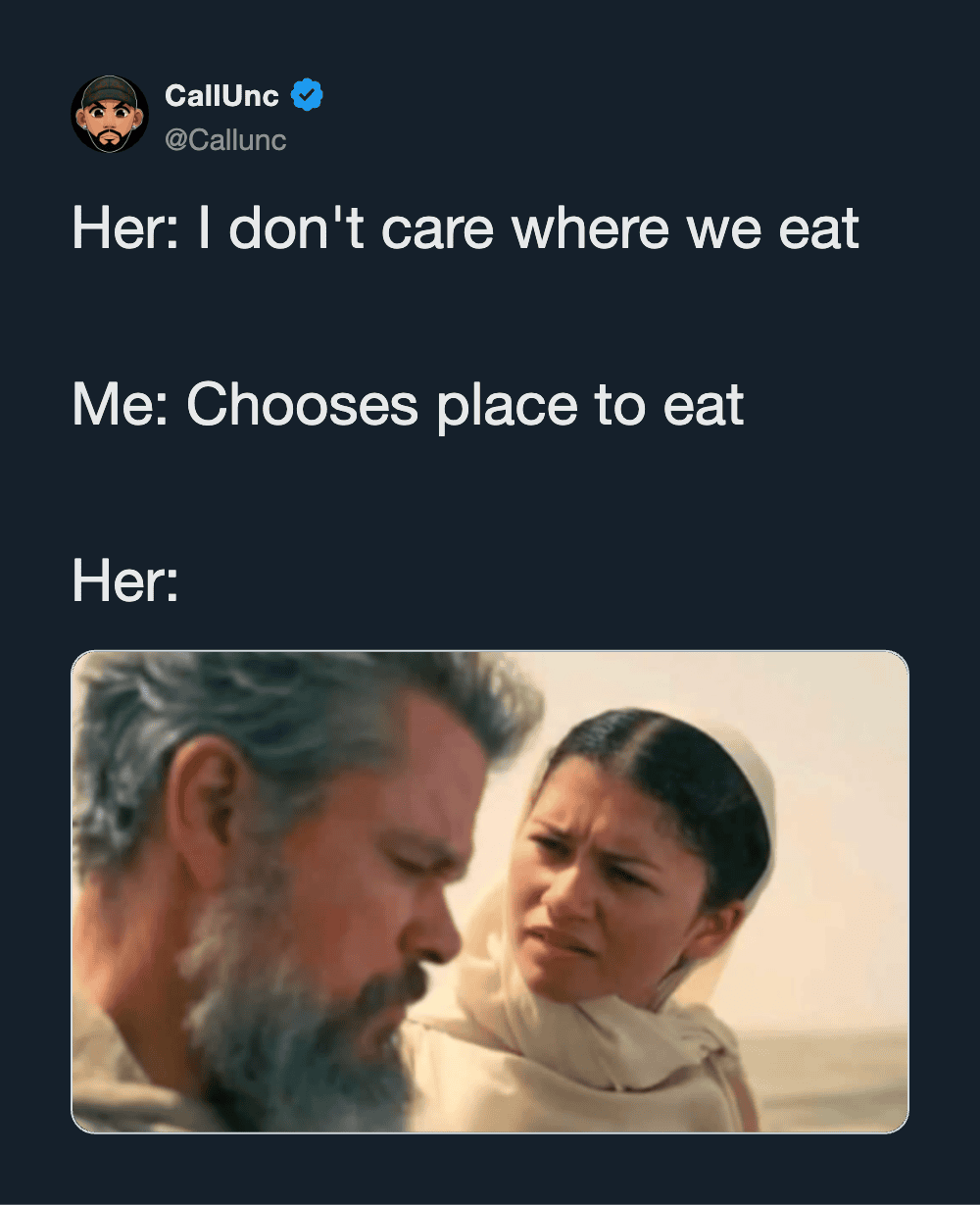 A meme with a dialogue about choosing a place to eat, featuring a scene from Star Wars.