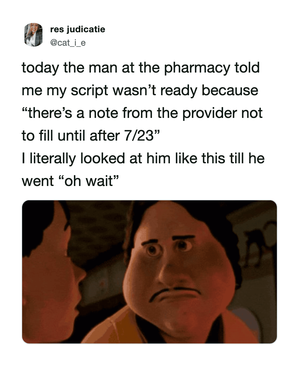 Man at pharmacy looks surprised after being told his script isn't ready.