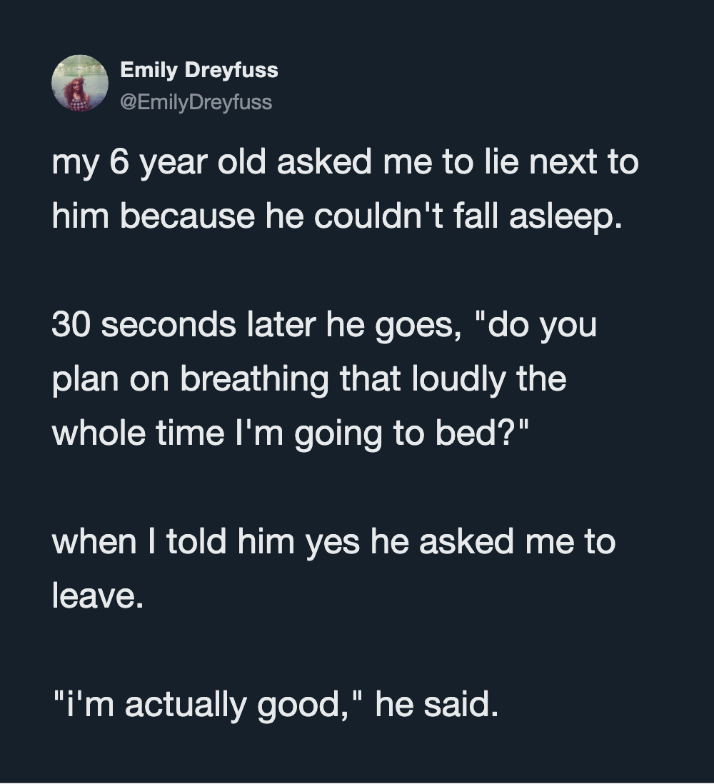Tweet about a 6-year-old asking to lie next to him and a funny reply about breathing.
