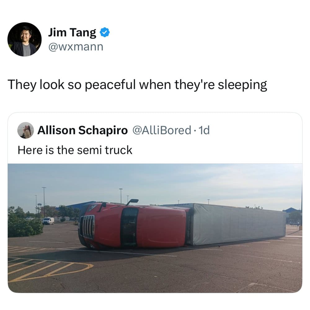 Semi truck turned on its side in a parking lot, resembling a sleeping animal.