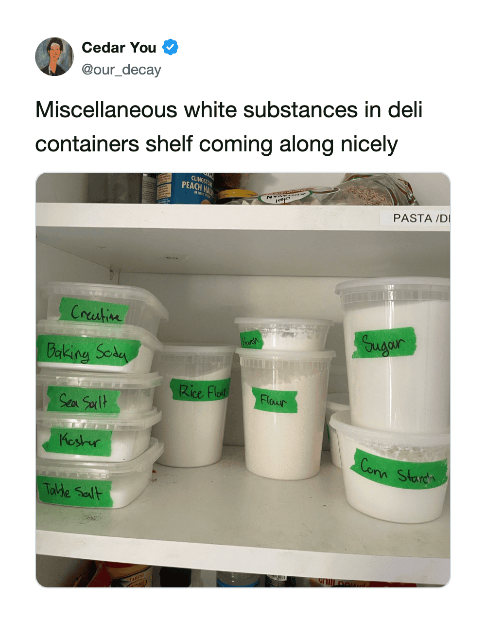 White substances in deli containers on a shelf with green labels, labeled as baking soda, sea salt,K.
