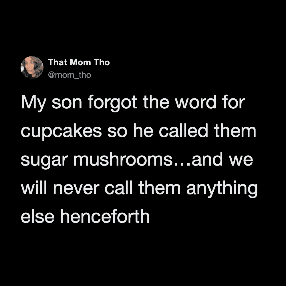 My son called cupcakes sugar mushrooms, and we will never call them anything else.