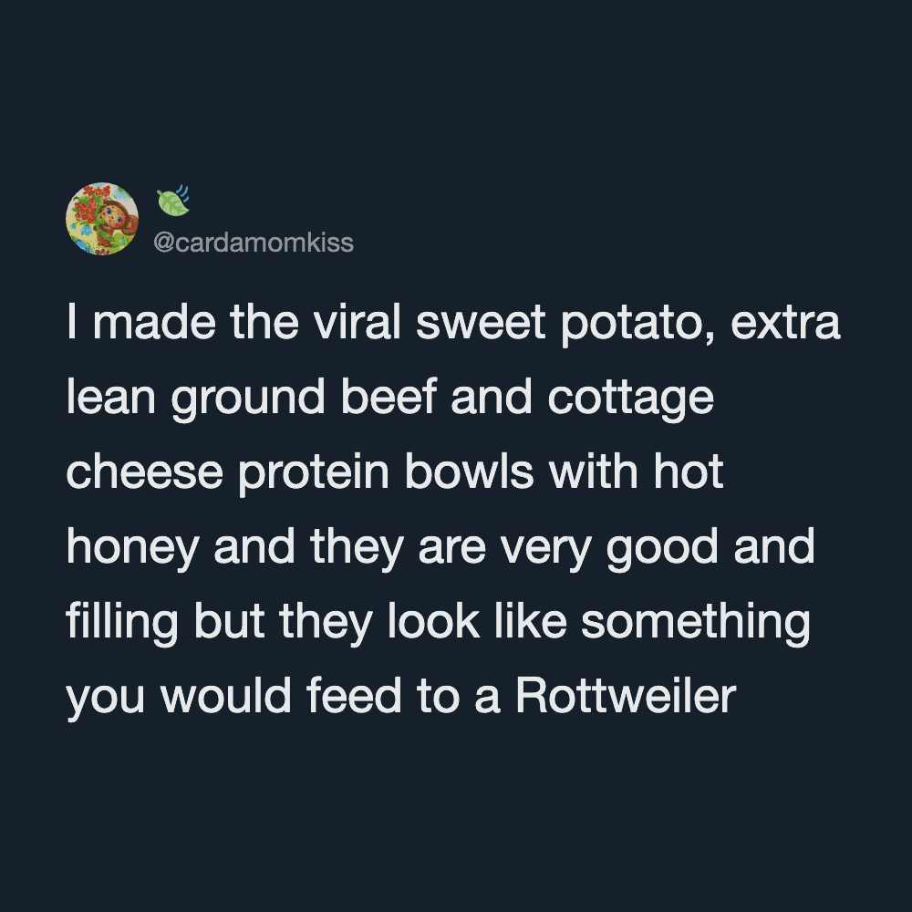 Tweet about making a sweet potato dish with beef and cottage cheese.