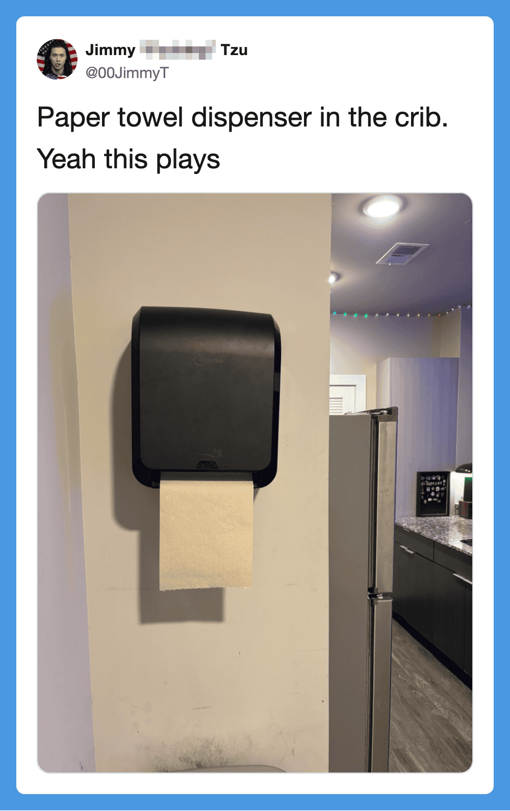 Paper towel dispenser in the crib with a paper towel hanging out.