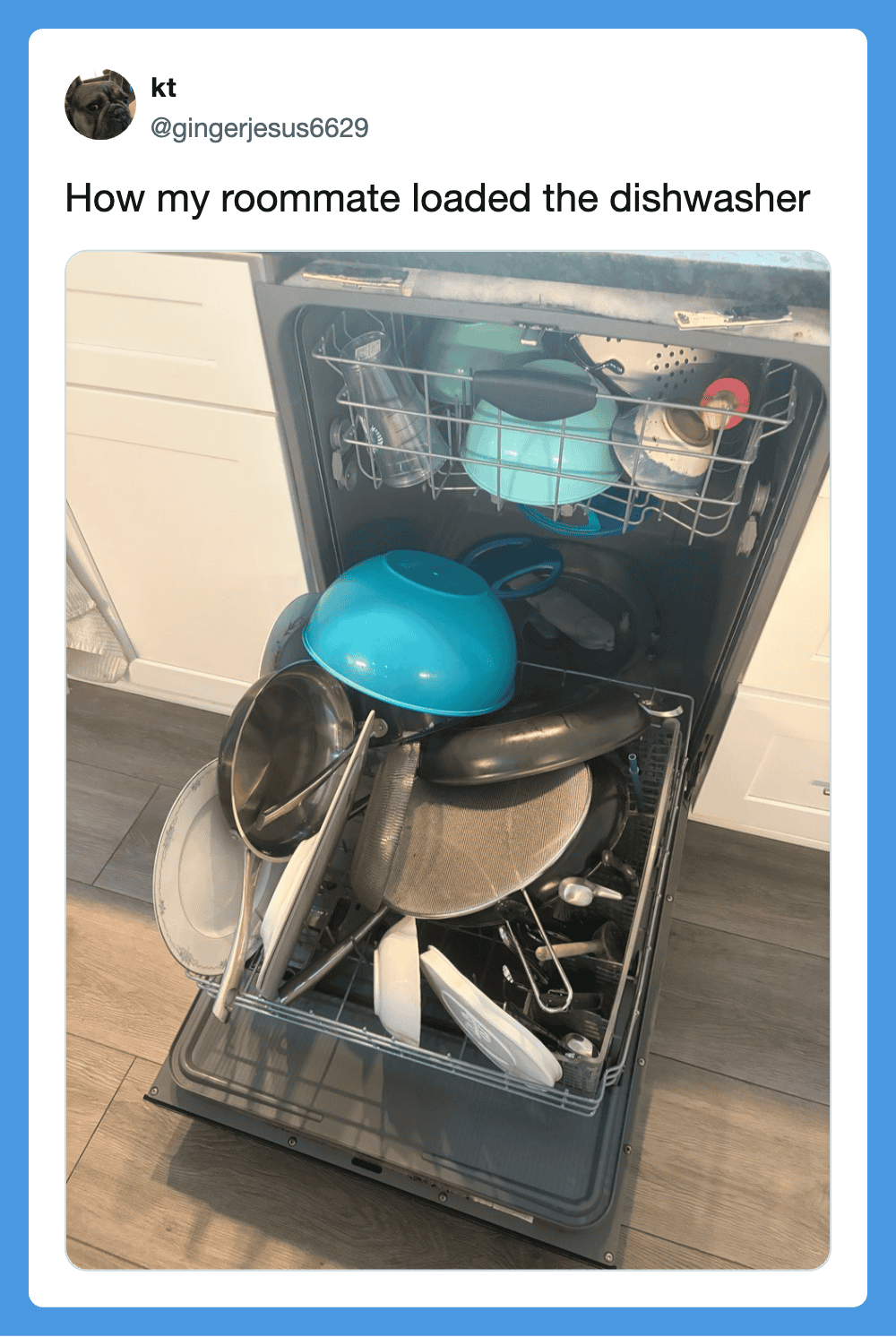 Dishwasher filled with various kitchen items and cookware.
