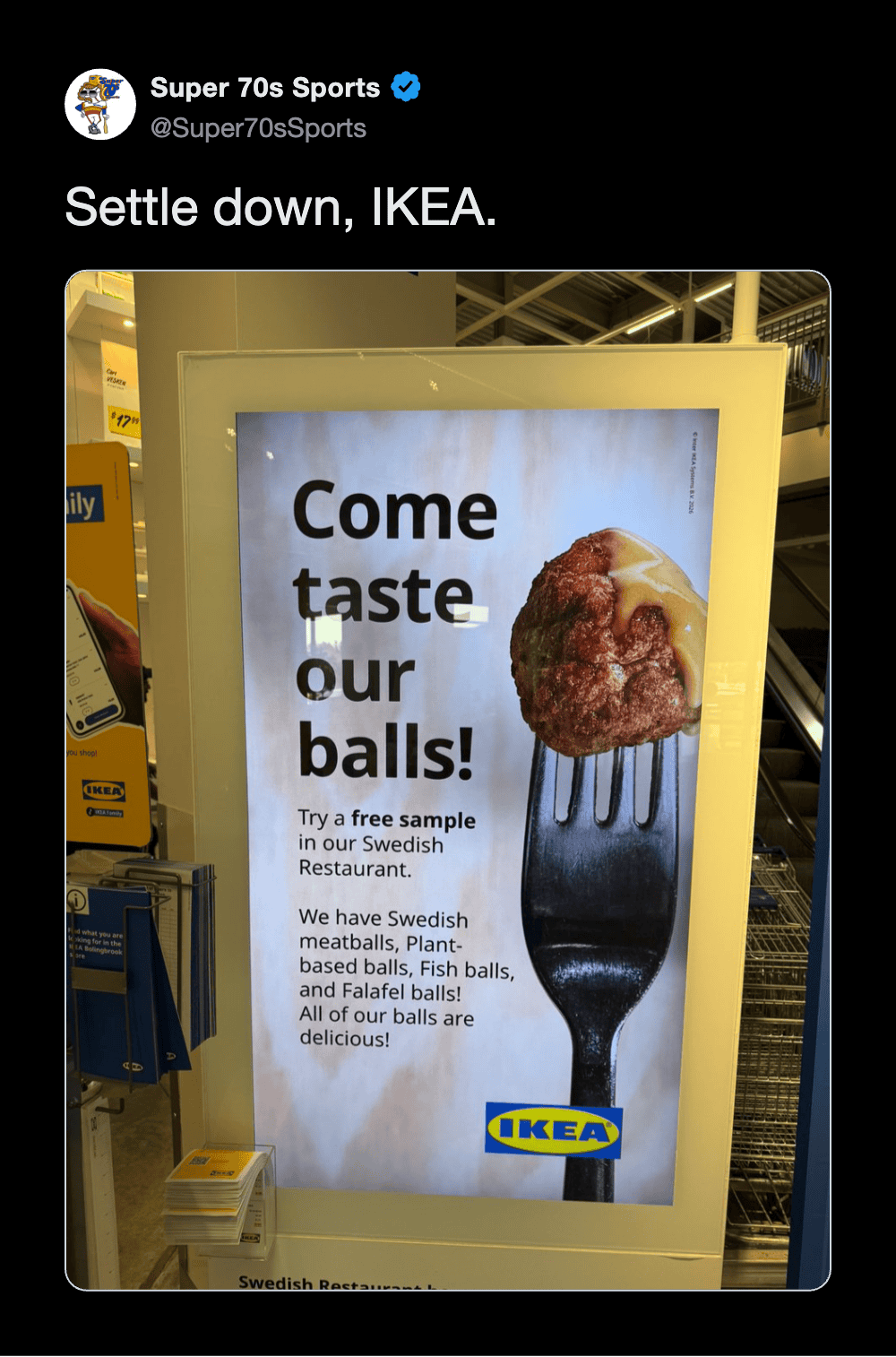 IKEA ad with a meatball on a fork and text about tasting Swedish balls.