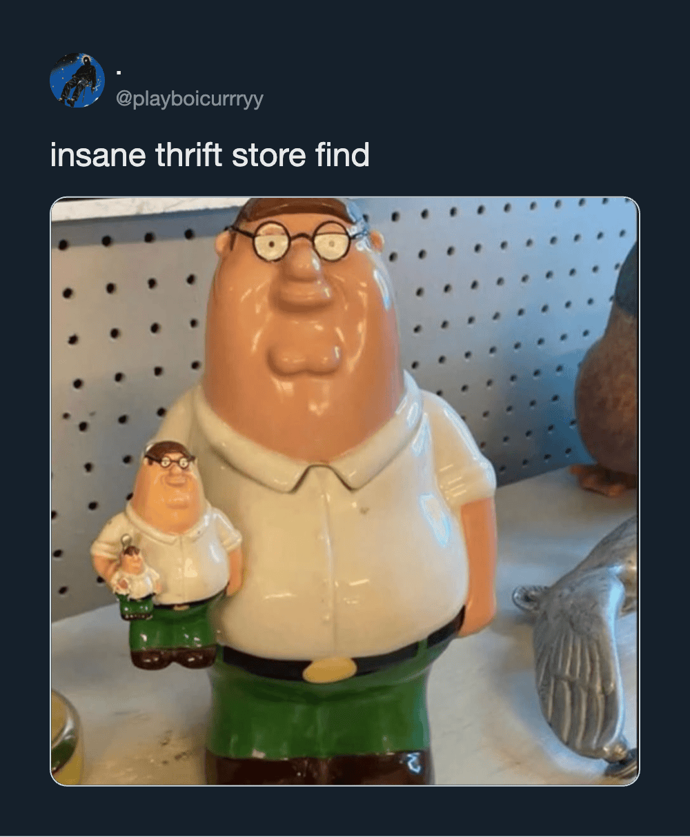 Insane thrift store find of a Peter Griffin figurine from Family Guy.