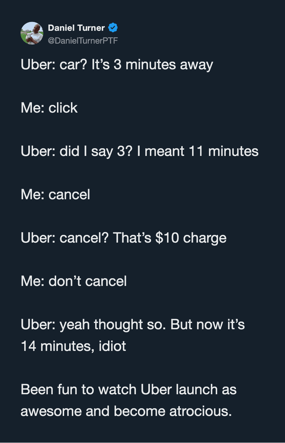 Uber and user chat about ride timing, with humorous comments about canceling and charges.