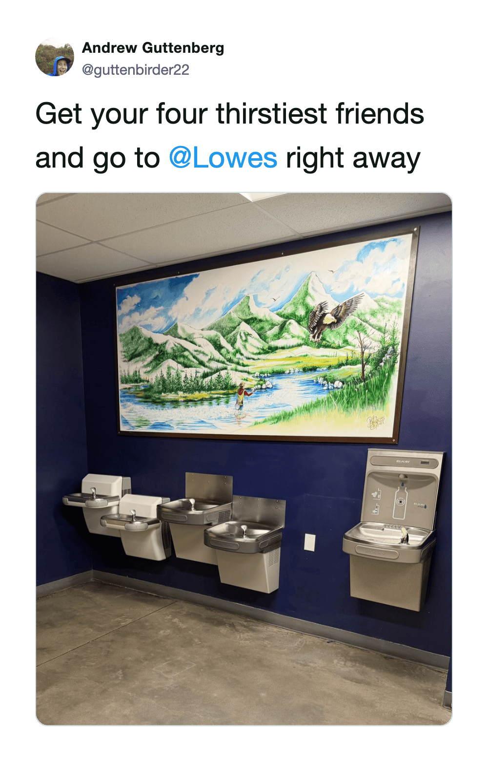 Four outdoor-themed water fountains in a public restroom with a mountain landscape mural.