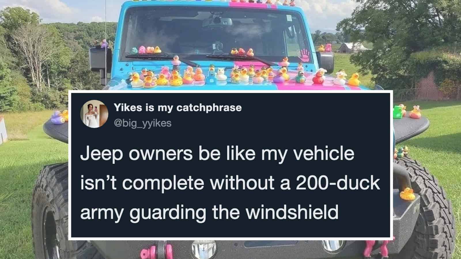 Jeep with rubber ducks on hood and windshield, humorous tweet about duck army guarding vehicle.