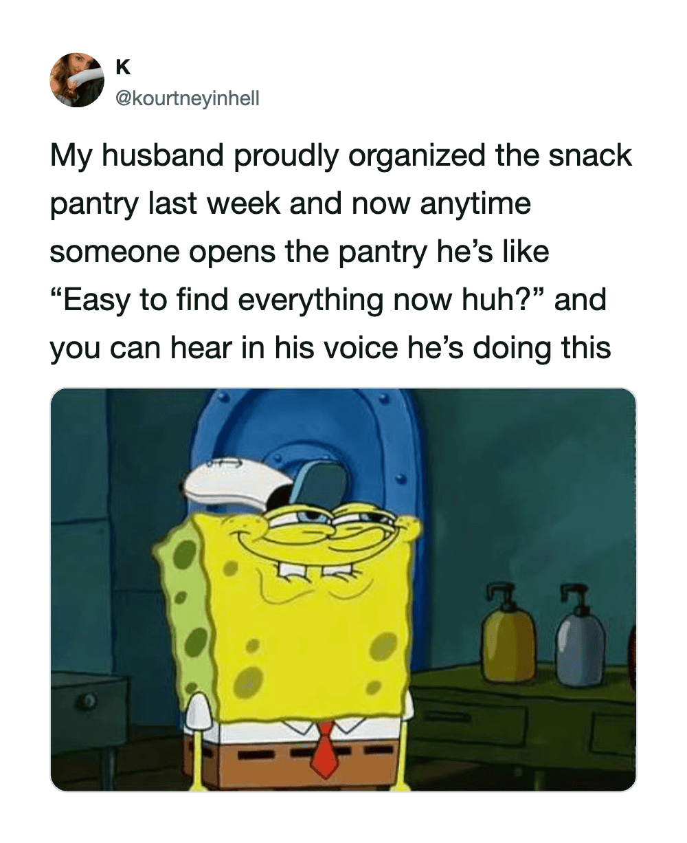 SpongeBob with a mischievous smile, from a tweet about a snack pantry.